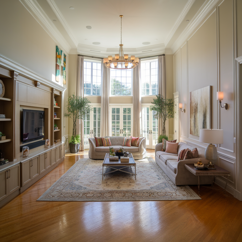 A spacious living room featuring a large window that allows natural light and an elegant chandelier hanging from the ceiling.
