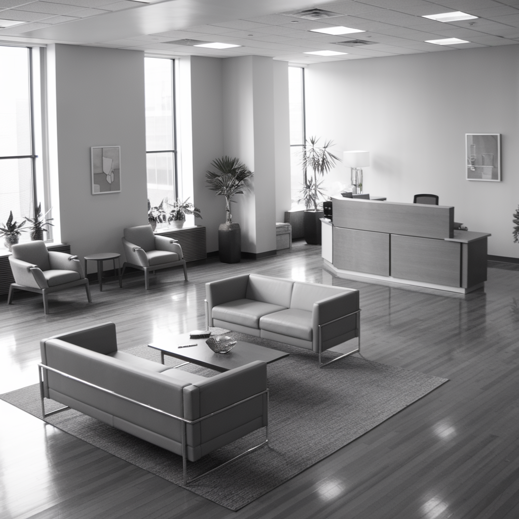 A black and white image showcasing a sleek, modern office lobby with minimalist design elements and elegant furnishings.