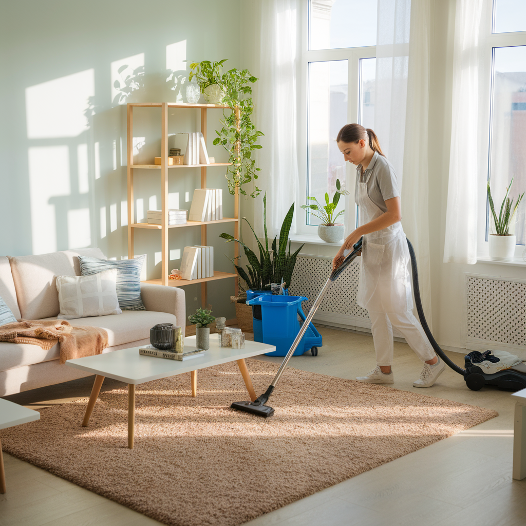 A woman is using a vacuum cleaner to clean a room, focusing on maintaining a tidy environment.