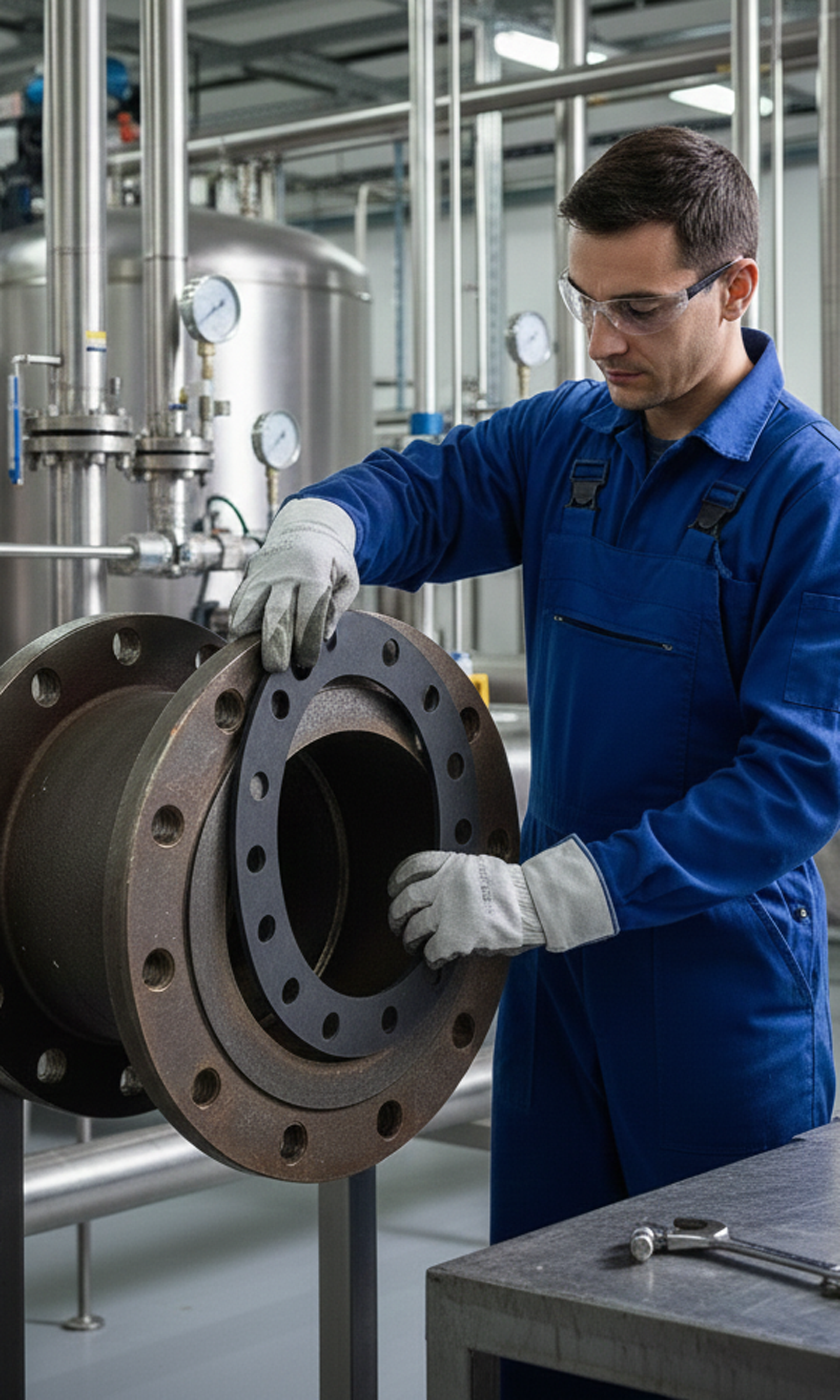 a tradesman in a blue jumpsuit and safety glasses, wearing white gloves, carefully fitting a black Neoprene rubber gasket into a large, rusted industrial pipe flange. The gasket is perfectly sized for the flange and is visible around the inner edge.