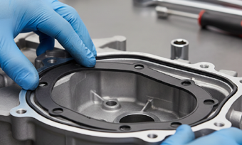 Nitrile rubber gasket being fitted into an automotive engine component
