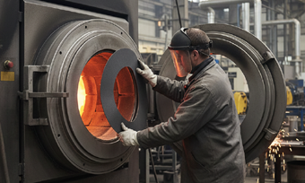 Topgraph 2000 graphite/fibre sheet gasket being installed in a high-temperature industrial oven or furnace door