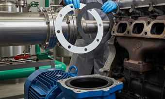 Virgin PTFE sheet gasket being applied to a chemical pipeline flange
