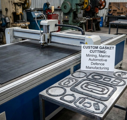 Custom gasket cutting machine producing precision gaskets for mining, marine, automotive and defence applications.