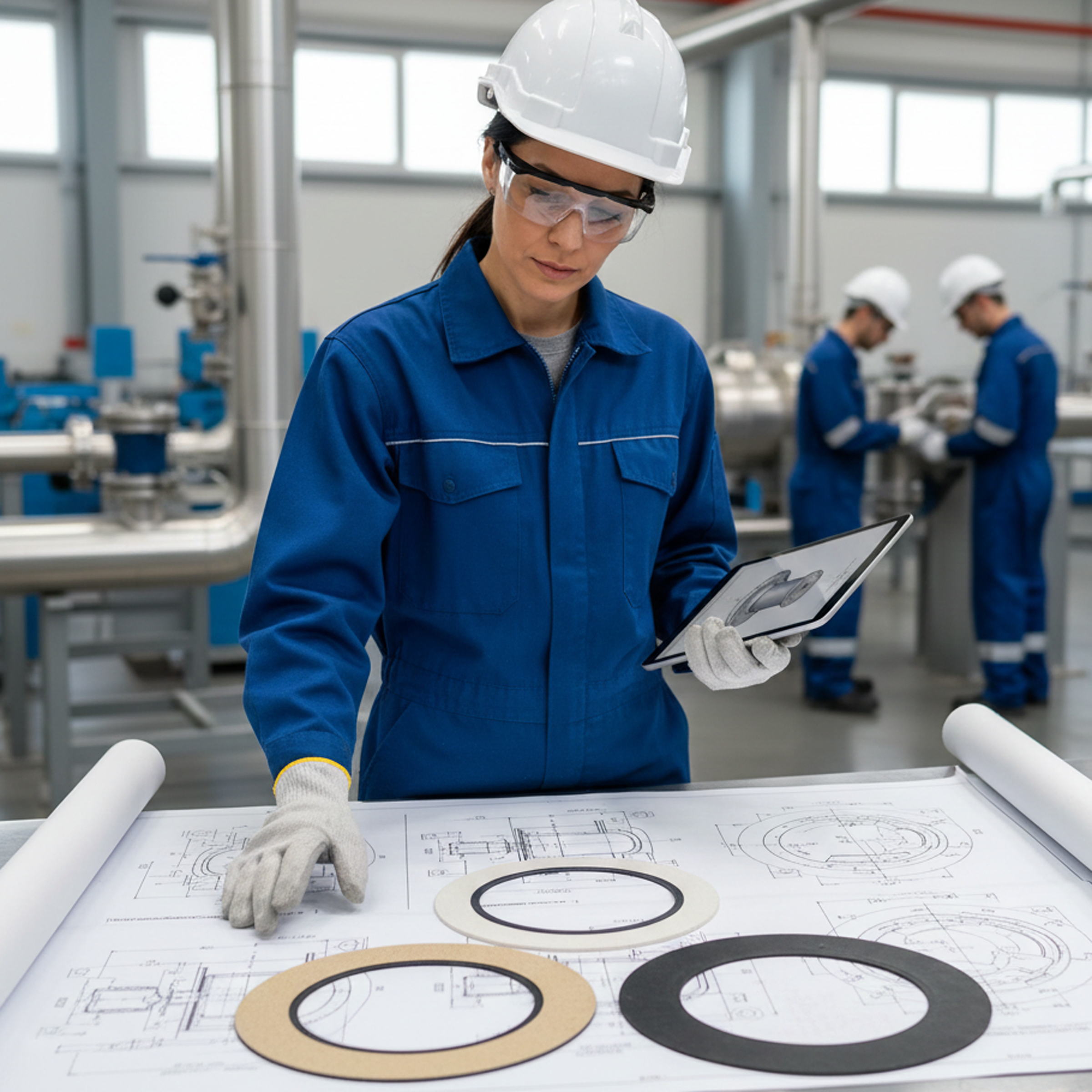 A female engineer, wearing a white hard hat, safety glasses, a blue jumpsuit, and white gloves, stands at a metallic table, intently looking down at an open engineering drawing. The drawing details various components, including what appear to be gasket fittings.