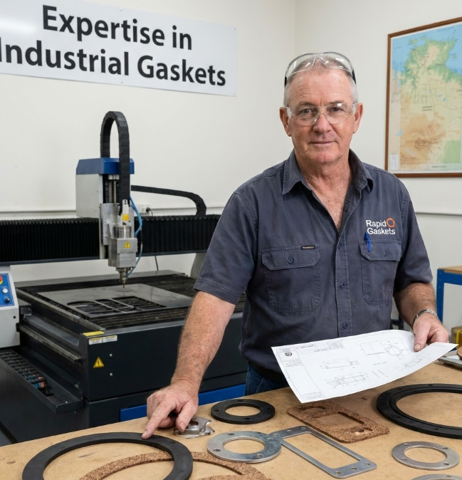 Industrial gasket manufacturing setup with precision-cut gaskets and CNC cutting equipment.
