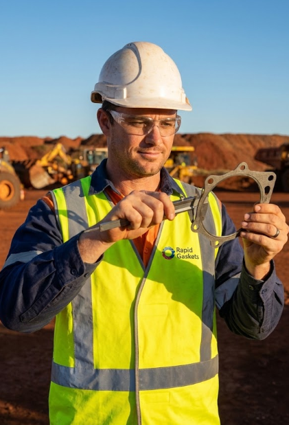 Rapid Gaskets technician measuring a custom metal gasket on a worksite using precision calipers.