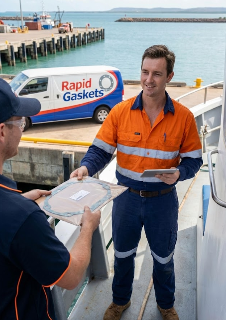 Rapid Gaskets supplying a custom-cut gasket for marine equipment at a Darwin port facility.