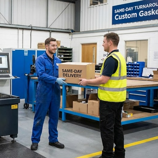 Rapid Gaskets team handing over a same-day delivery of custom gaskets inside the workshop.