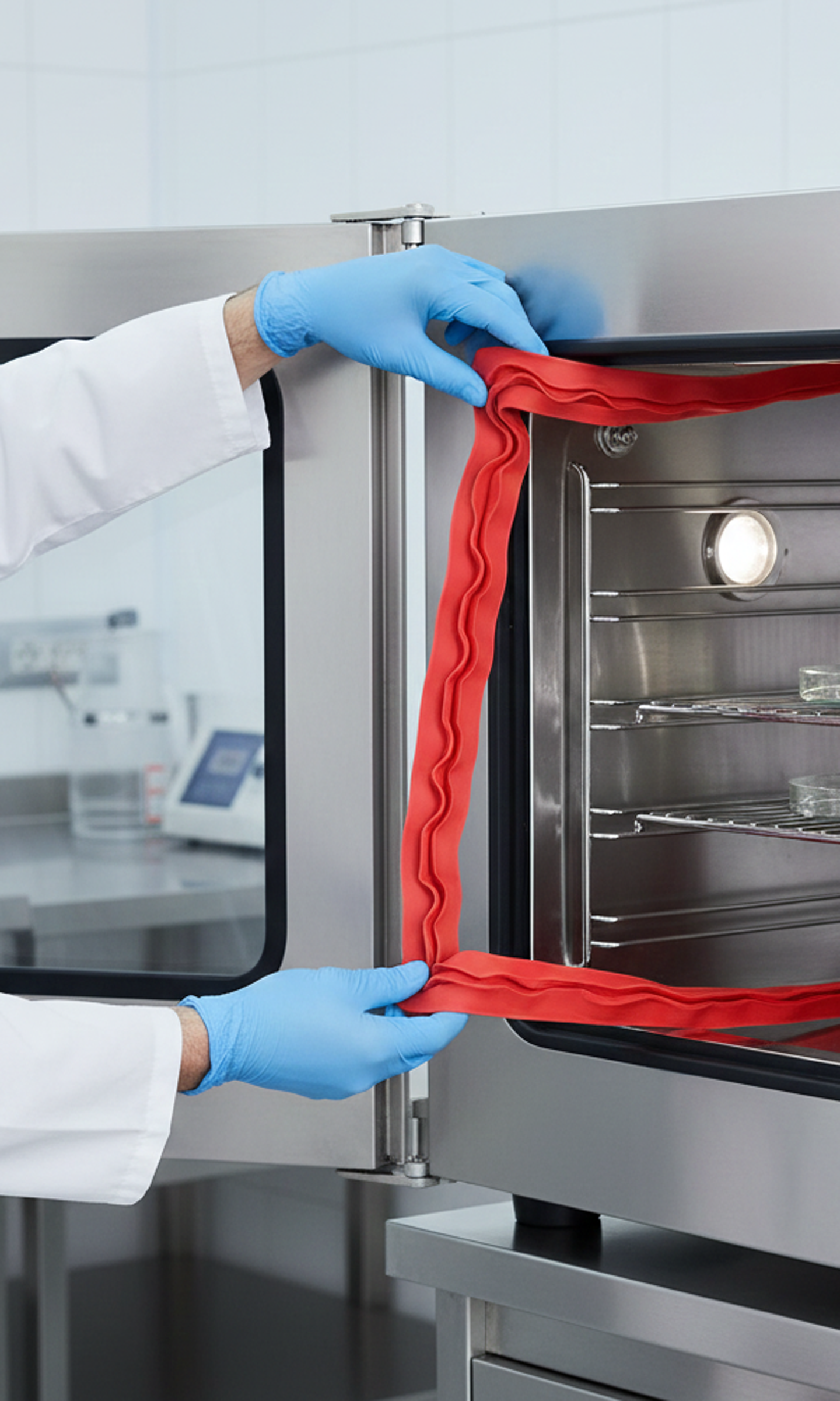 a person in a white lab coat and blue gloves carefully fitting a bright red, wavy-edged silicone rubber gasket into the door frame of a stainless steel laboratory oven or incubator.