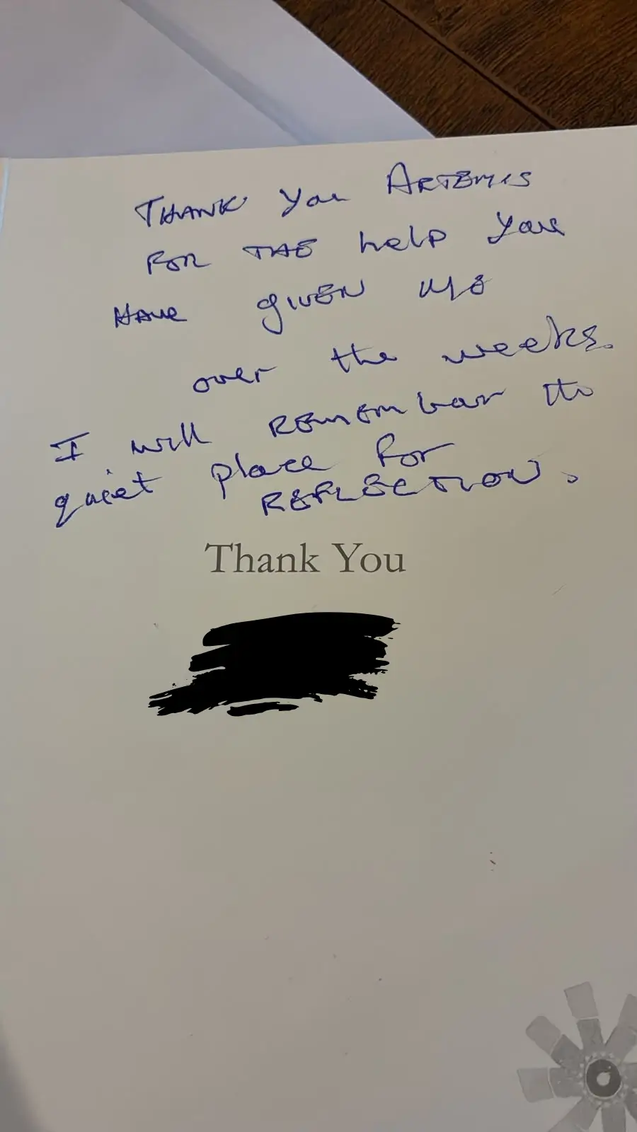 Handwritten thank you note to Artemis