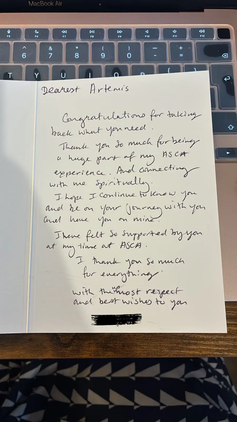 Handwritten thank you note to Artemis