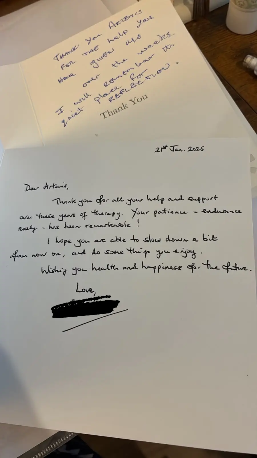 Handwritten thank you note to Artemis