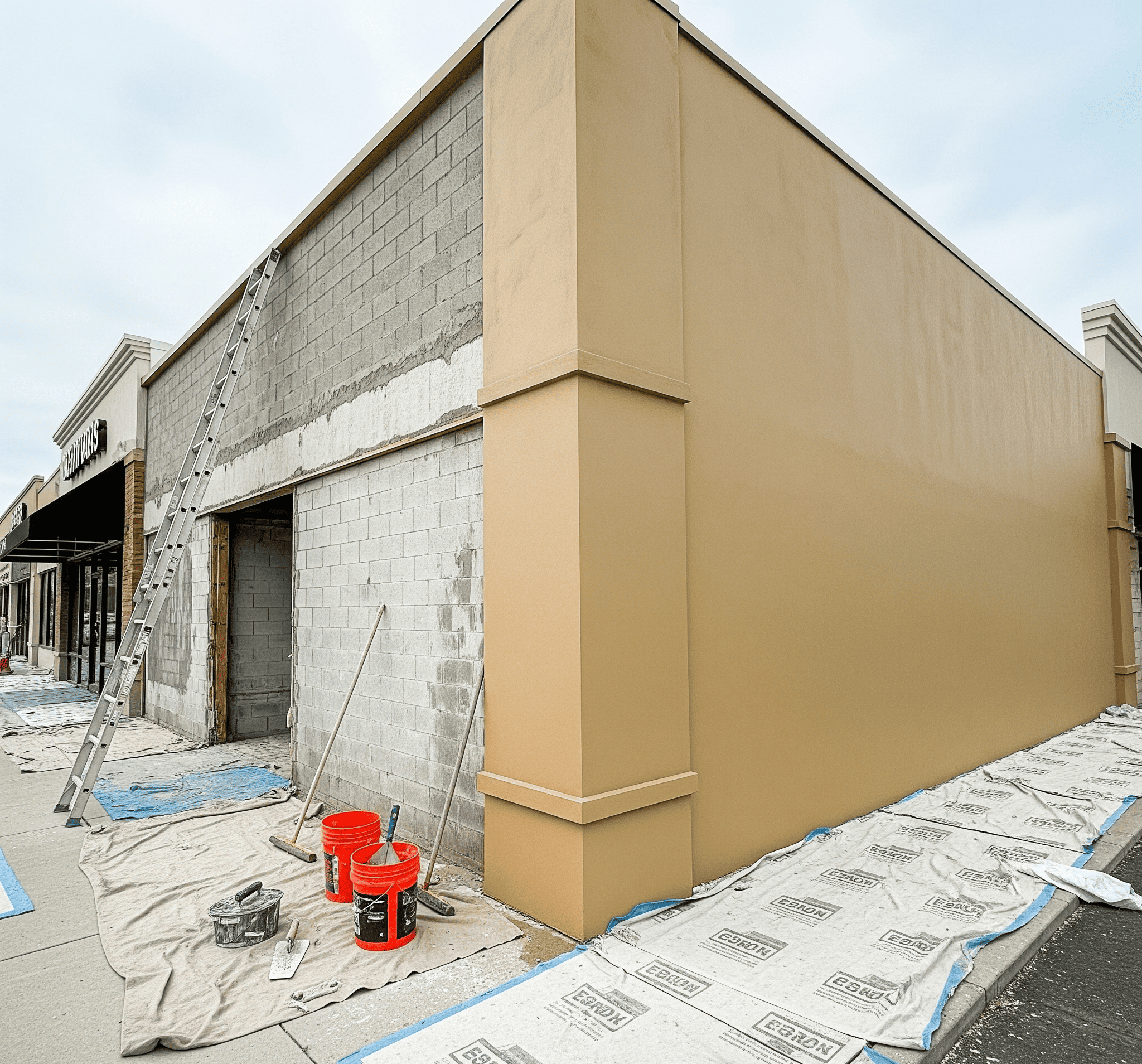 A strip mall storefront is shown mid-renovation, with one section of the wall bare and another finished in smooth, sand-colored stucco.