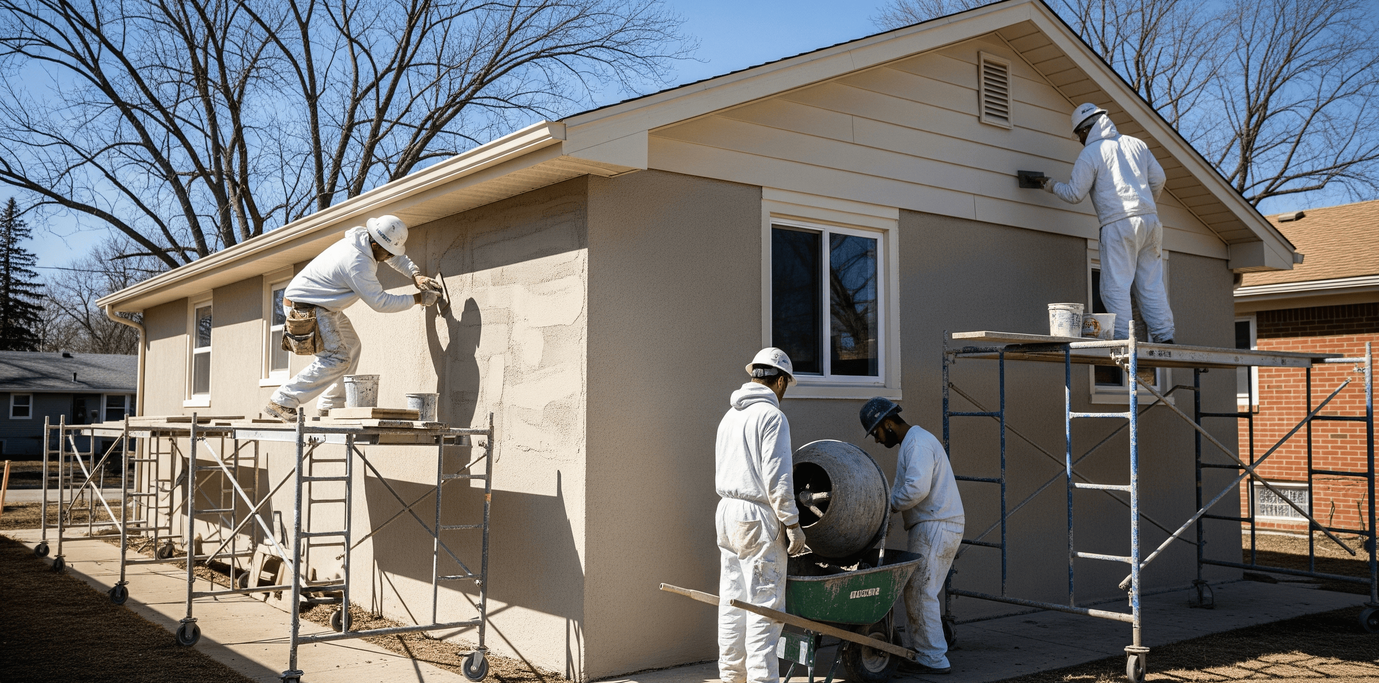 Three workers in white coveralls apply fresh stucco to the side of a residential bungalow with scaffolding set up nearby.