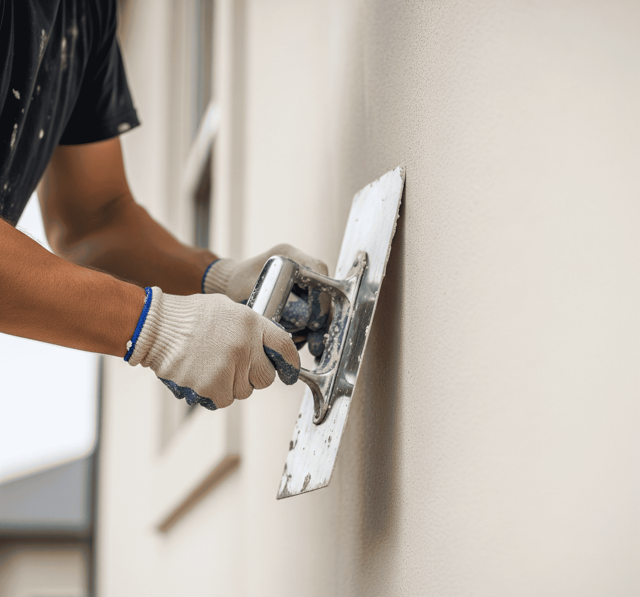 A man in a black shirt and gloves uses a grinder to prepare a wall for stucco repair.
