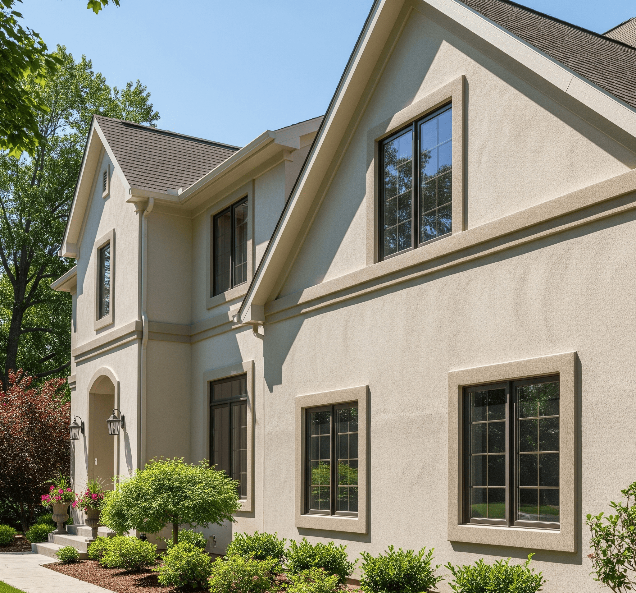 A residential home showcases freshly applied stucco, highlighting its smooth texture and elegant finish.