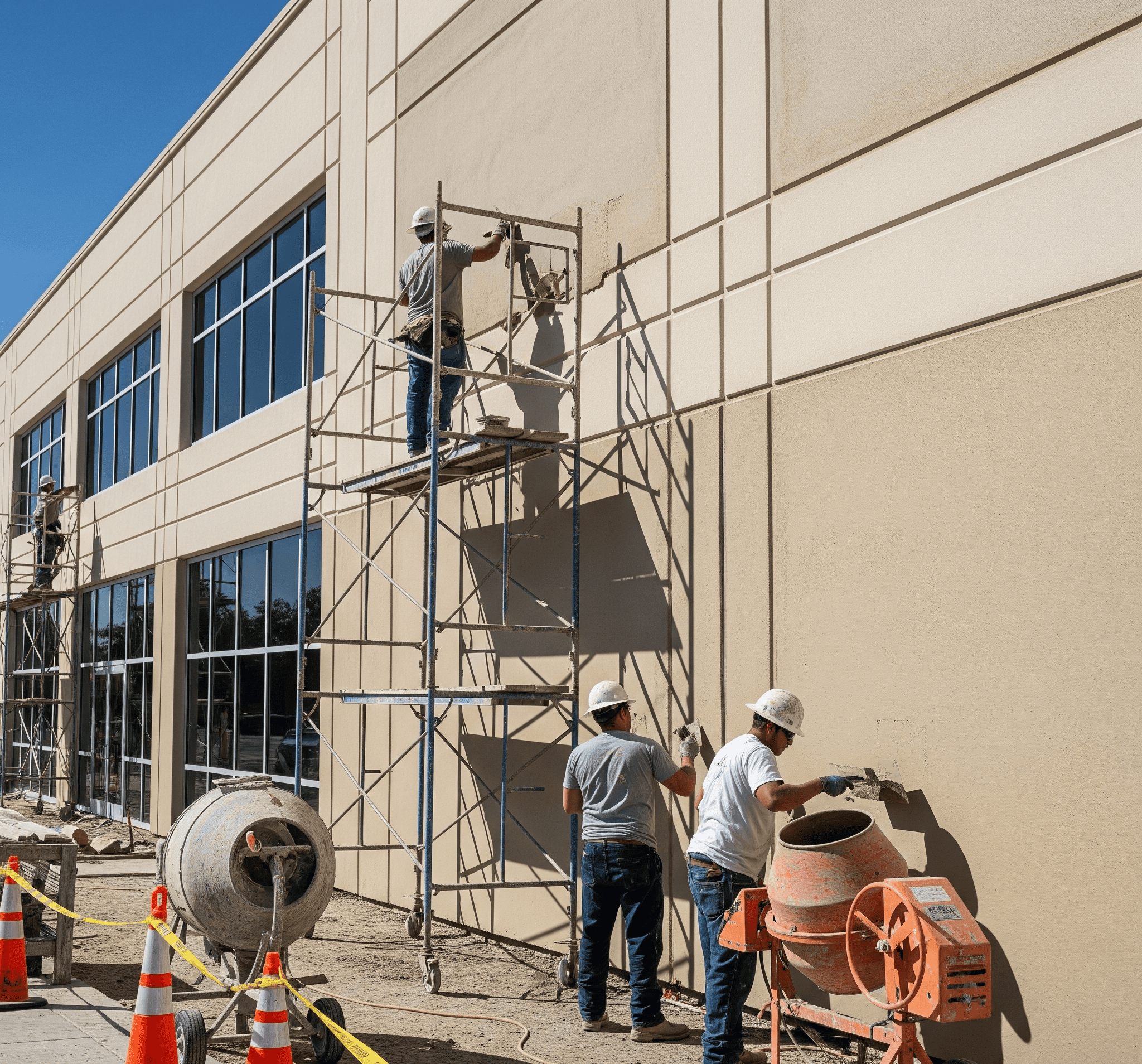 Three workers on scaffolding apply stucco to a large beige office building wall with a mixer in the foreground.