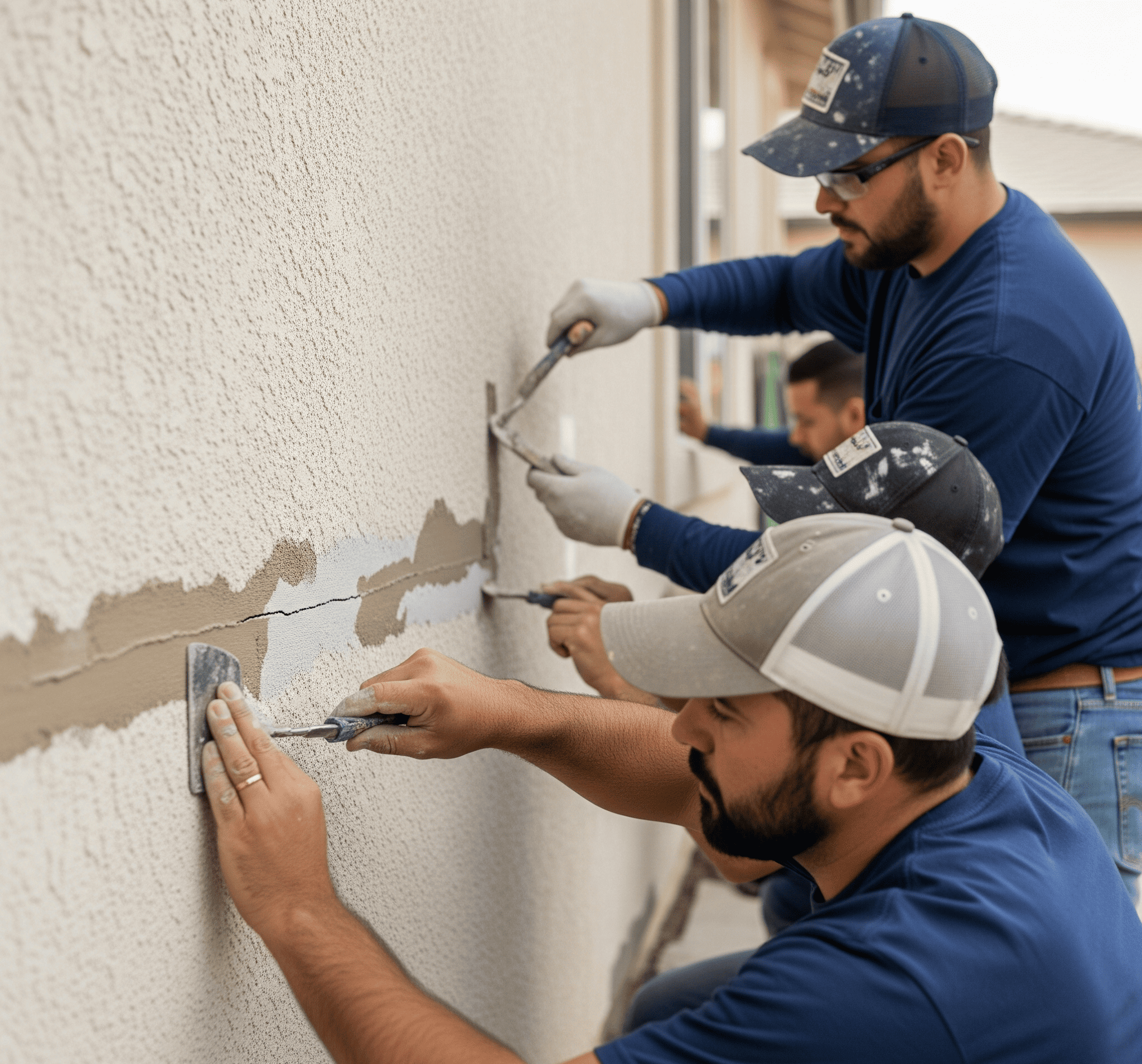 Skilled technicians repair damaged stucco, restoring the exterior wall to its original condition.
