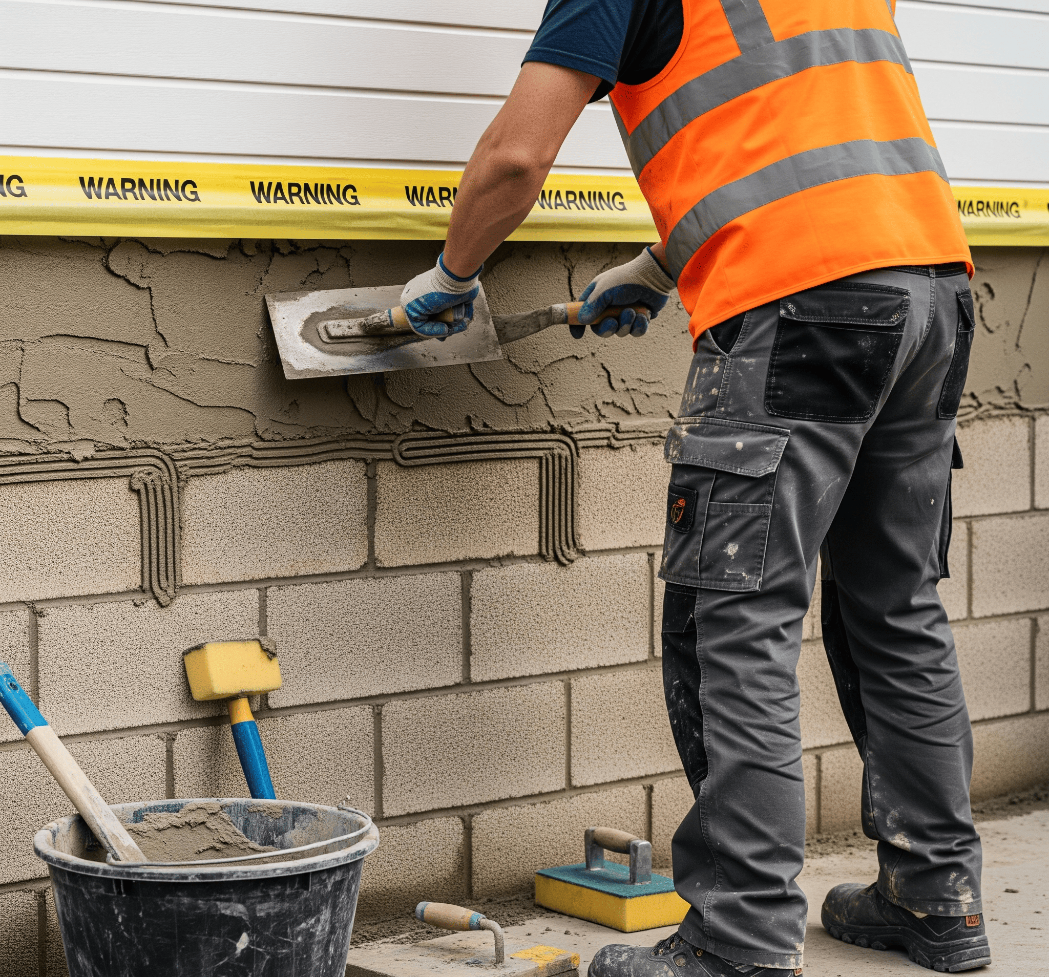 A technician in a reflective vest applies parging mortar to a block wall, with tools and protective taping visible.