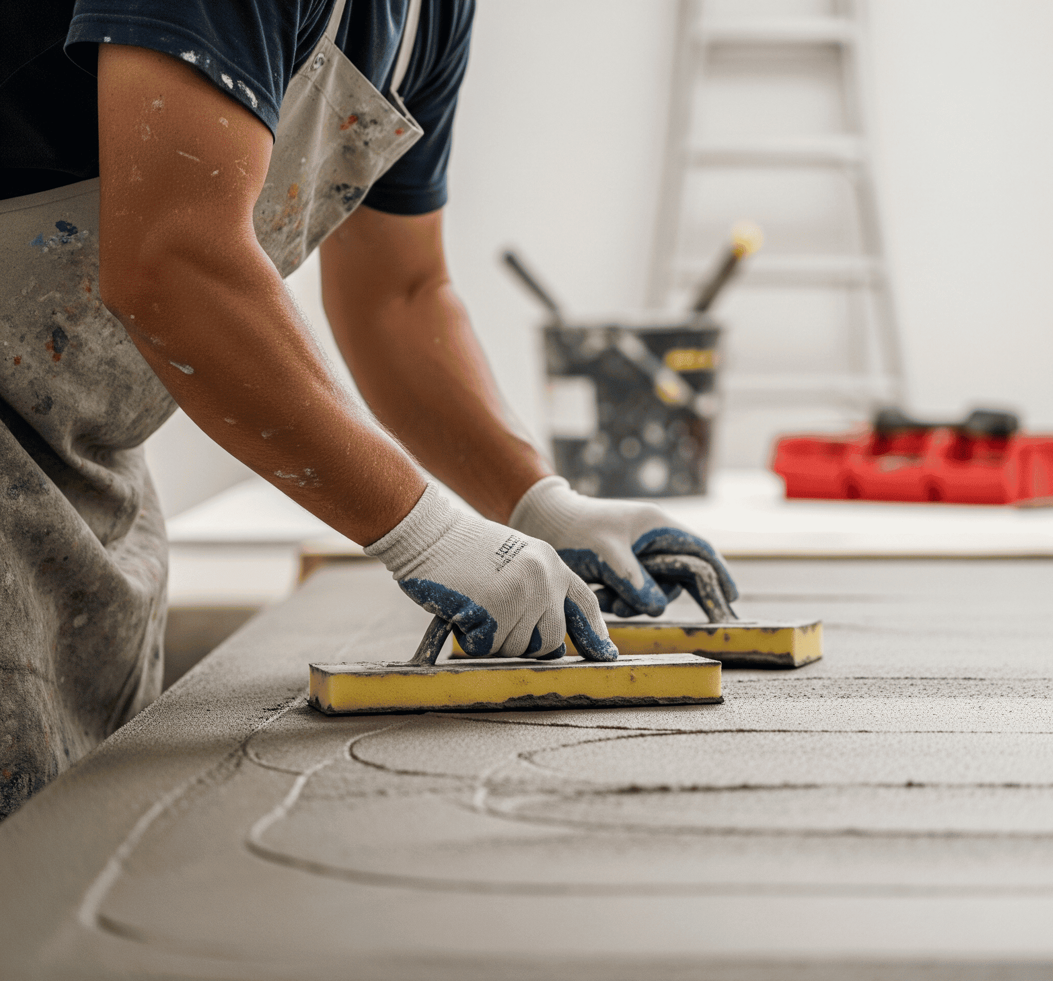 A man in an apron sands a wooden table, preparing it for stucco repair.