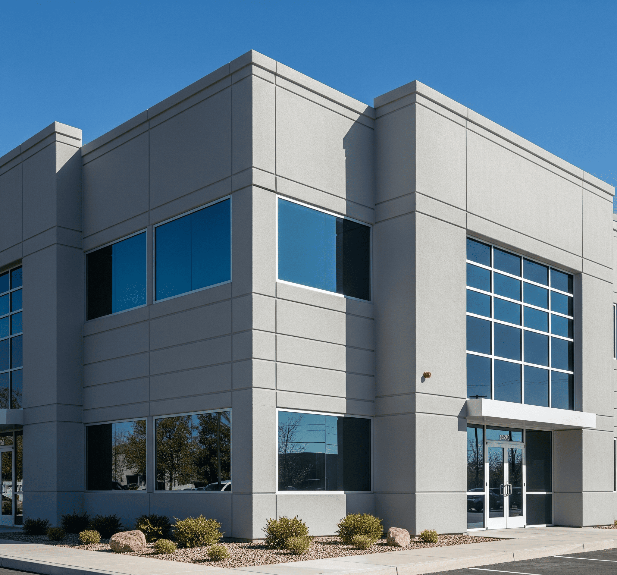 A sleek two-story commercial building features a smooth gray stucco finish and large windows, viewed from a landscaped parking lot in bright daylight.