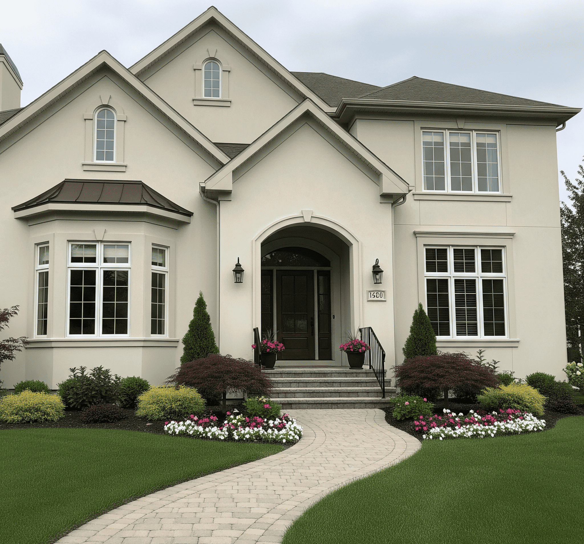 A charming home surrounded by well-maintained landscaping and vibrant flowers in full bloom.