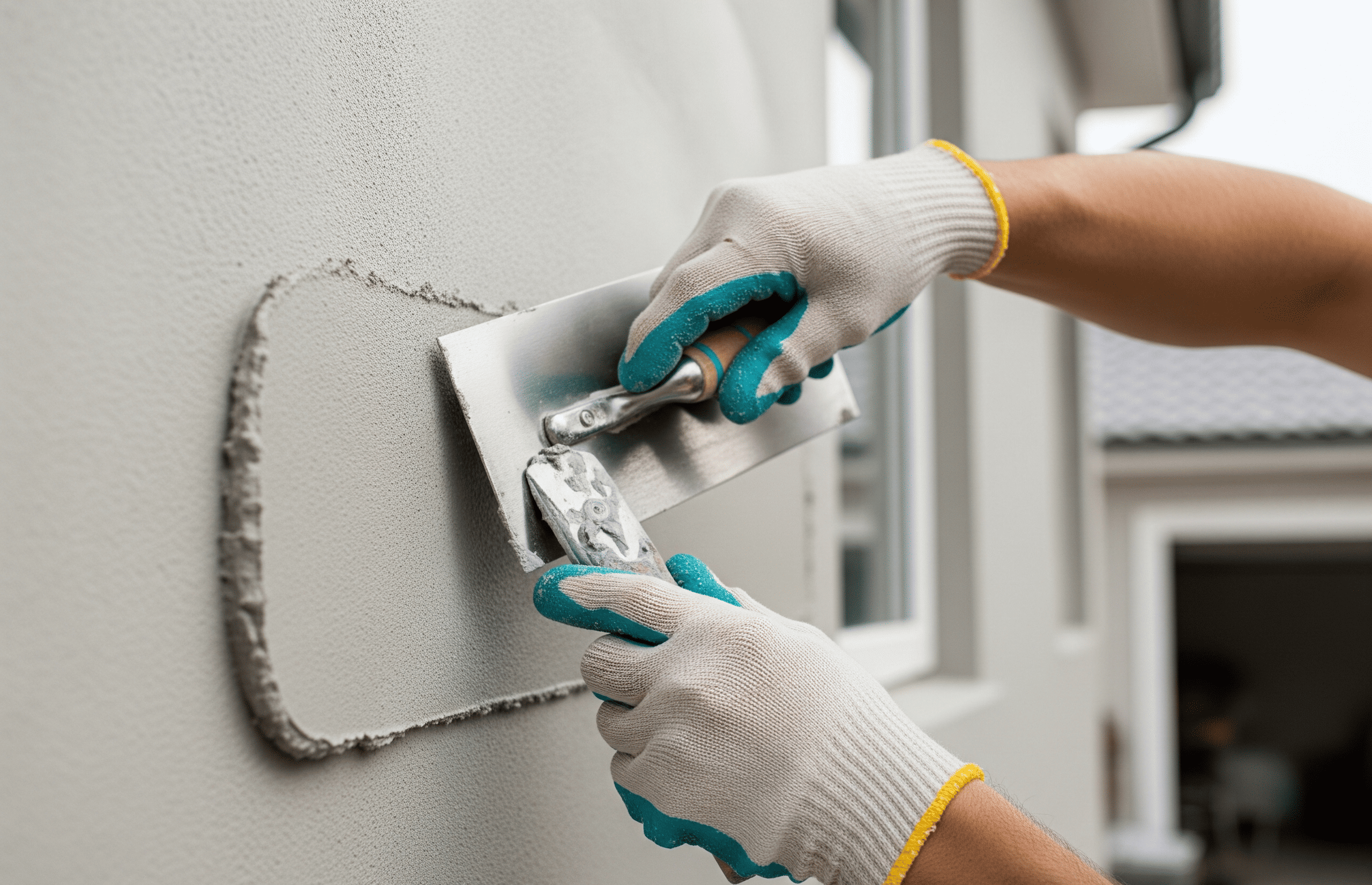 A close-up shot shows a gloved hand using a stainless steel trowel to apply a fine, textured finish onto a pale gray stucco wall.