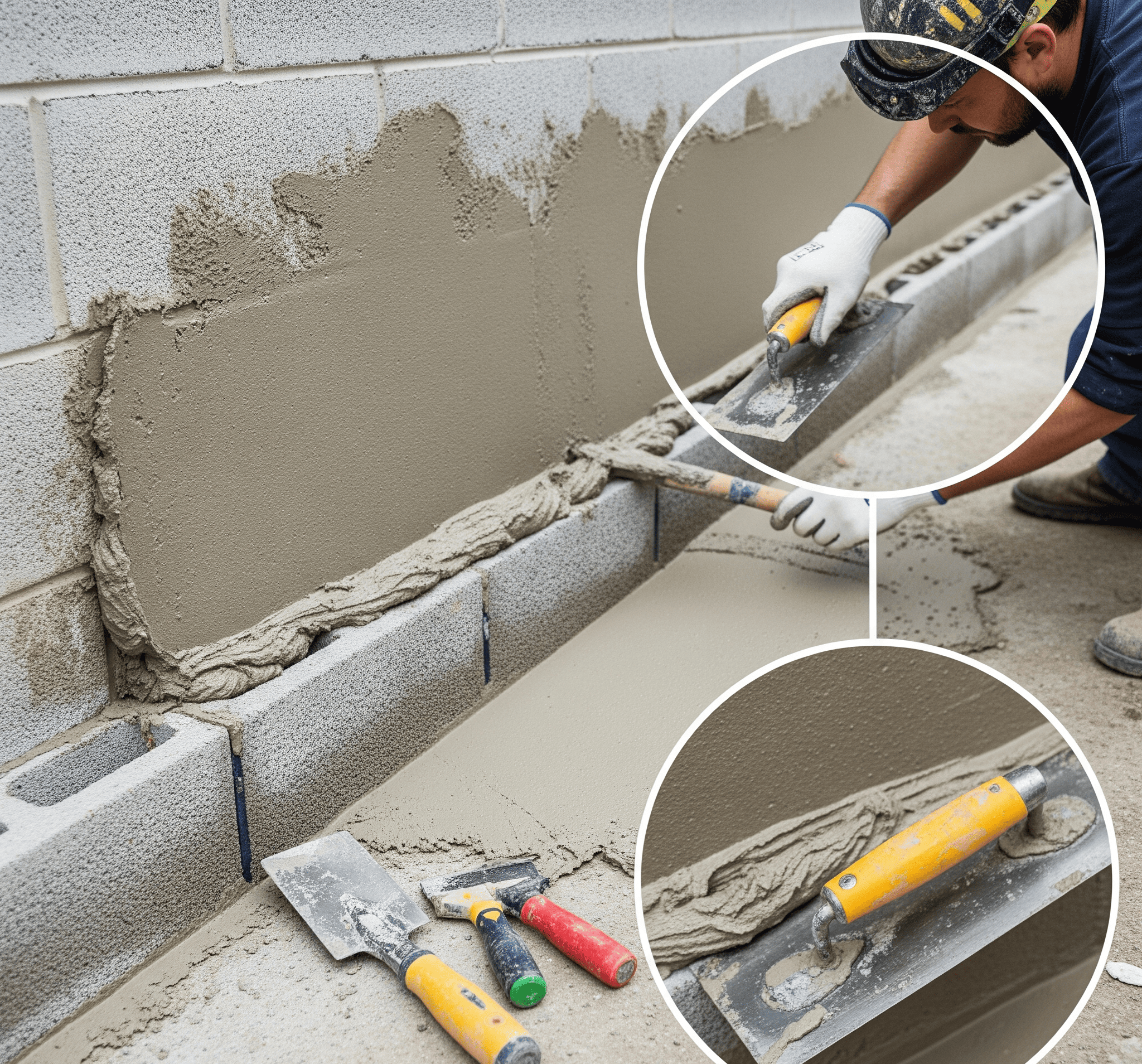 A professional applies parging to a foundation wall, creating a protective and attractive finish.
