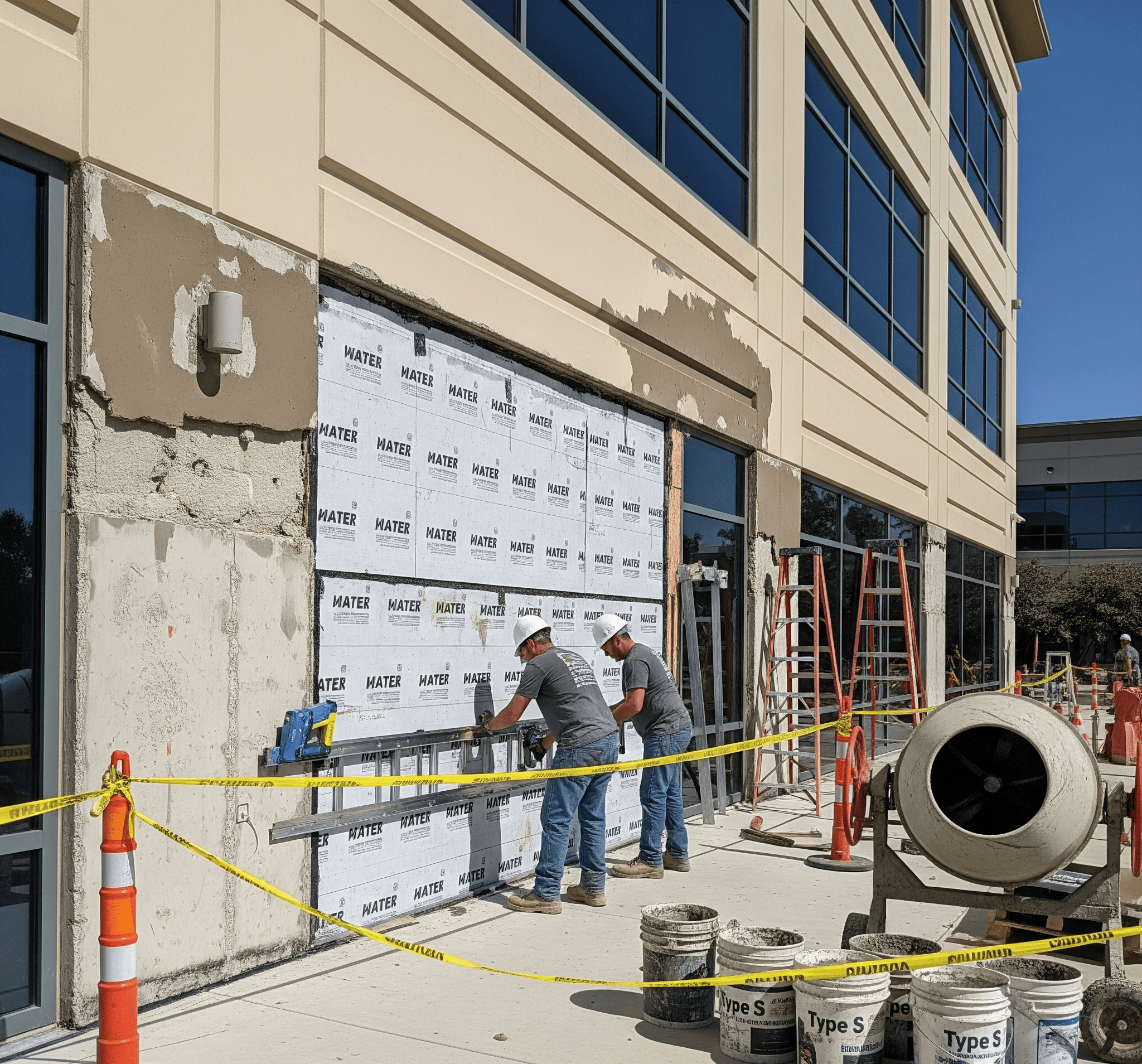 A wide view shows two workers repairing a large, delaminated section of a commercial building's stucco wall, with safety barriers and materials nearby.