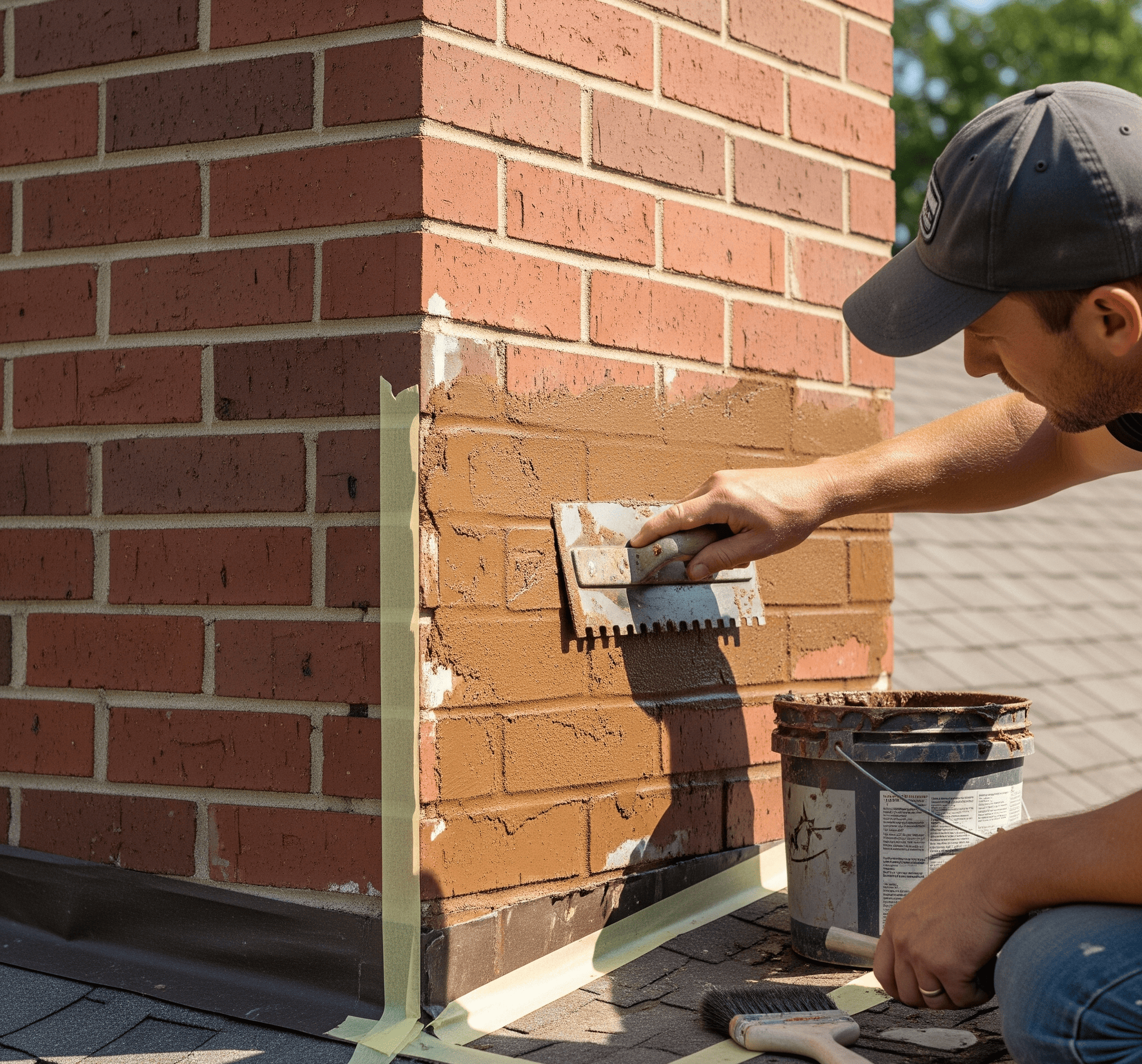 A worker kneels to apply a fiber-reinforced brown coat of stucco to a cleaned and prepped section of a brick chimney.