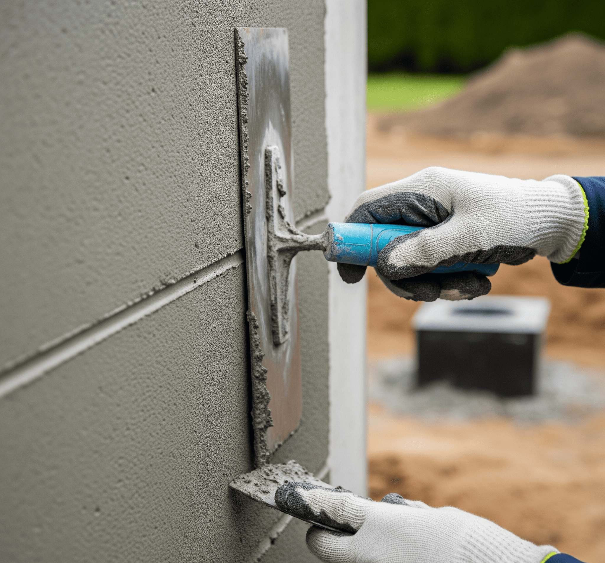 A close-up shows gloved hands using a steel trowel to create a smooth, slightly textured finish on a fresh parging coat.