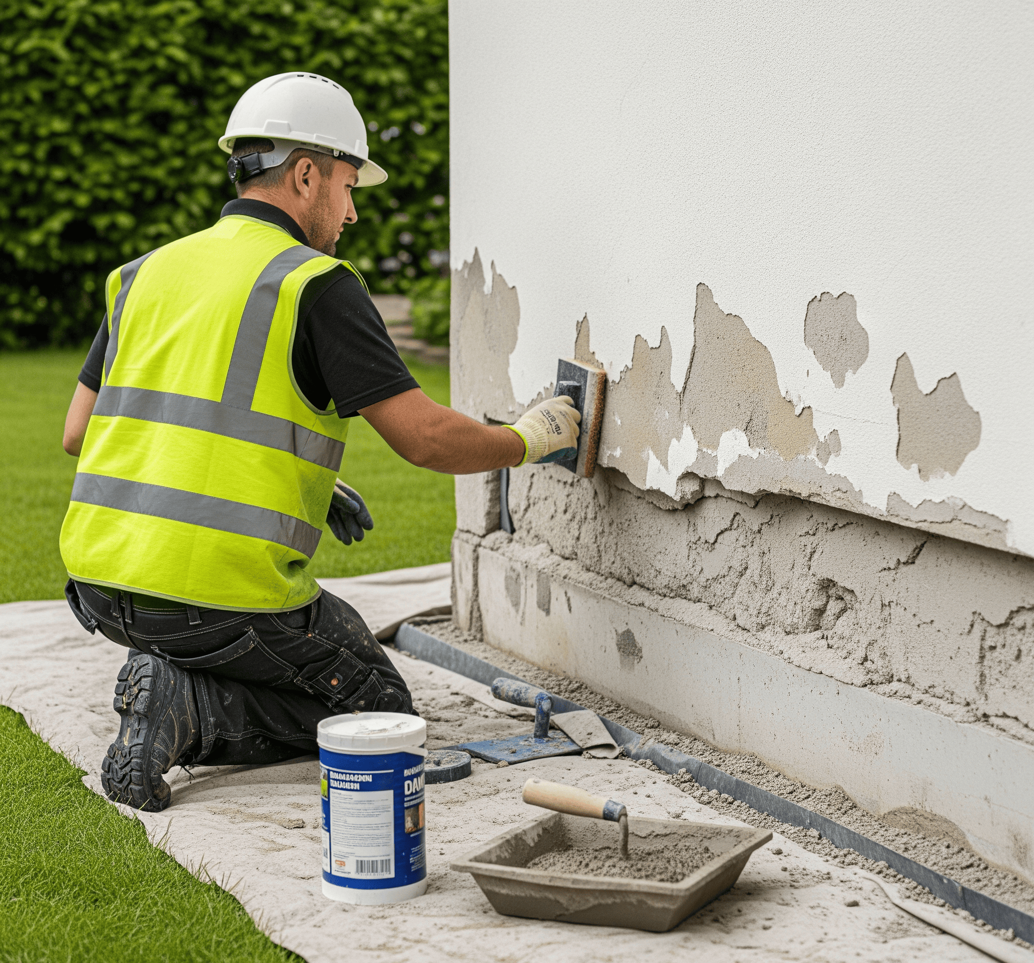 A worker in full PPE wire-brushes a cracked and chipped foundation wall in preparation for a parging repair.