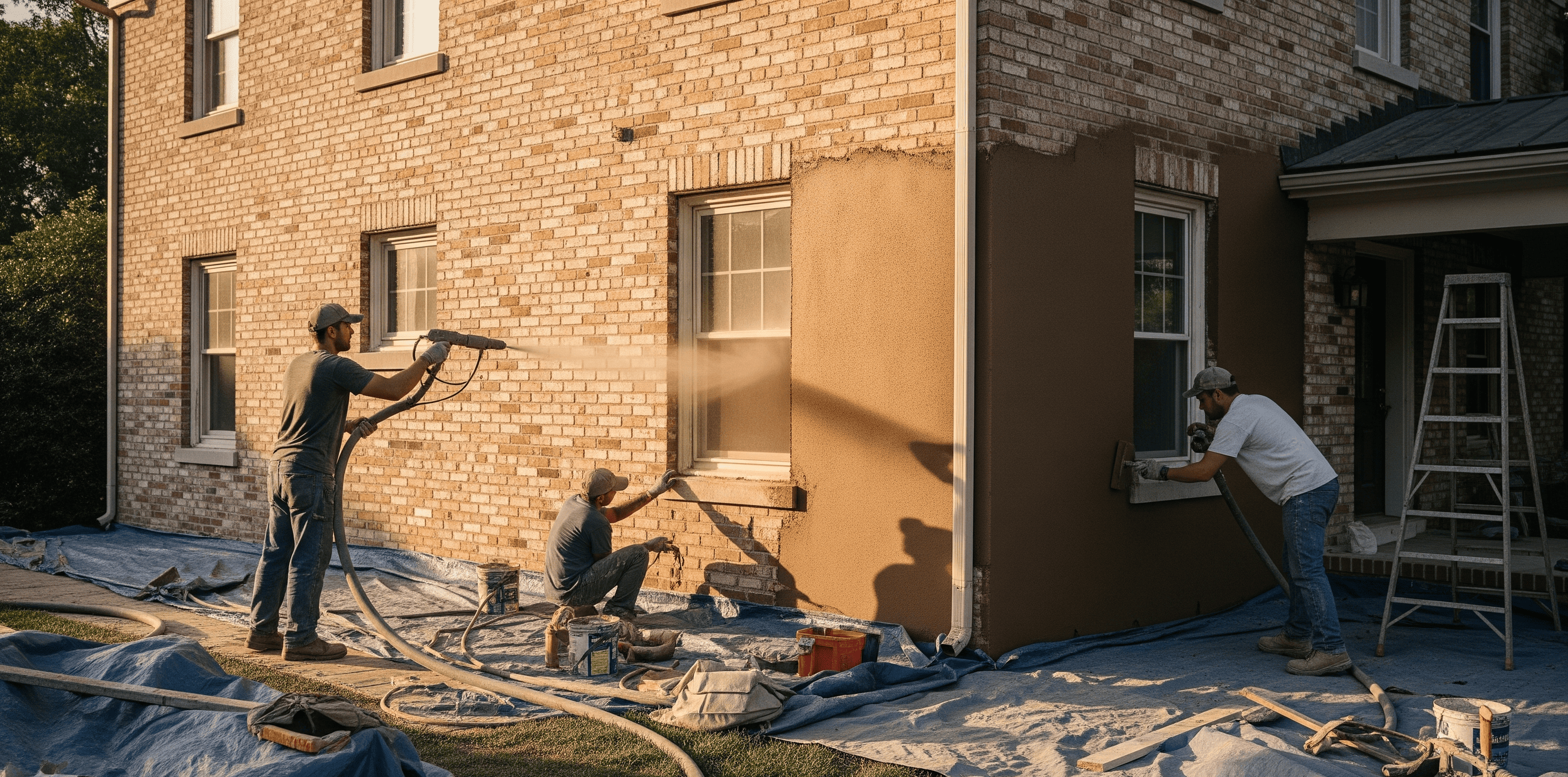 In the warm light of late afternoon, three workers apply a brown stucco scratch coat to an older brick house, with protective tarps covering the nearby garden.