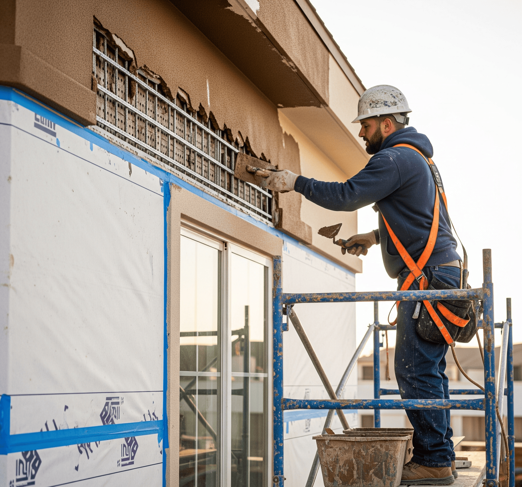A technician on a scaffold applies a brown coat of stucco with a steel trowel to a damaged area above a window.