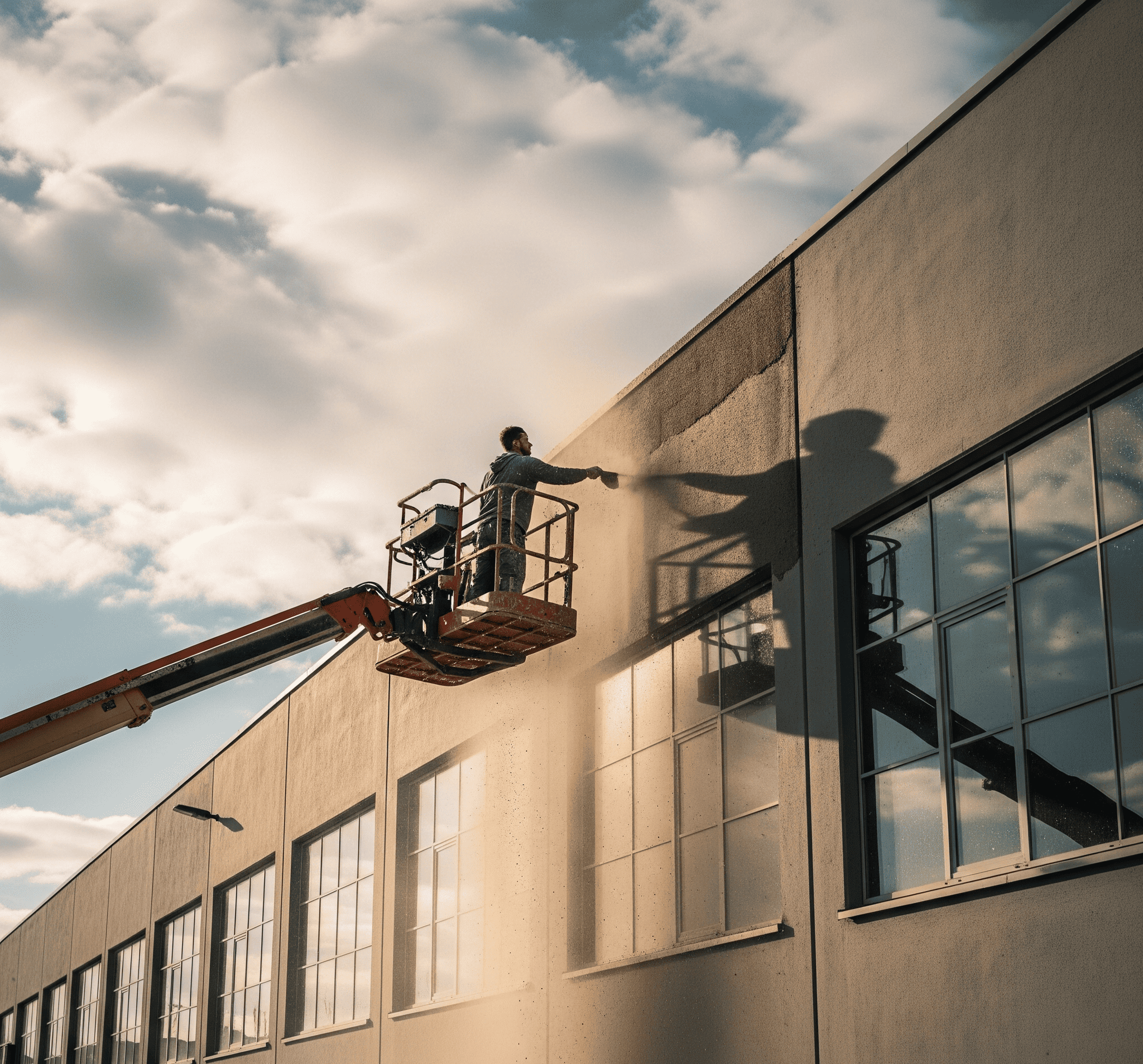 A stucco technician in a boom lift applies stucco to the upper wall of a large, gray industrial warehouse under a partly cloudy sky.