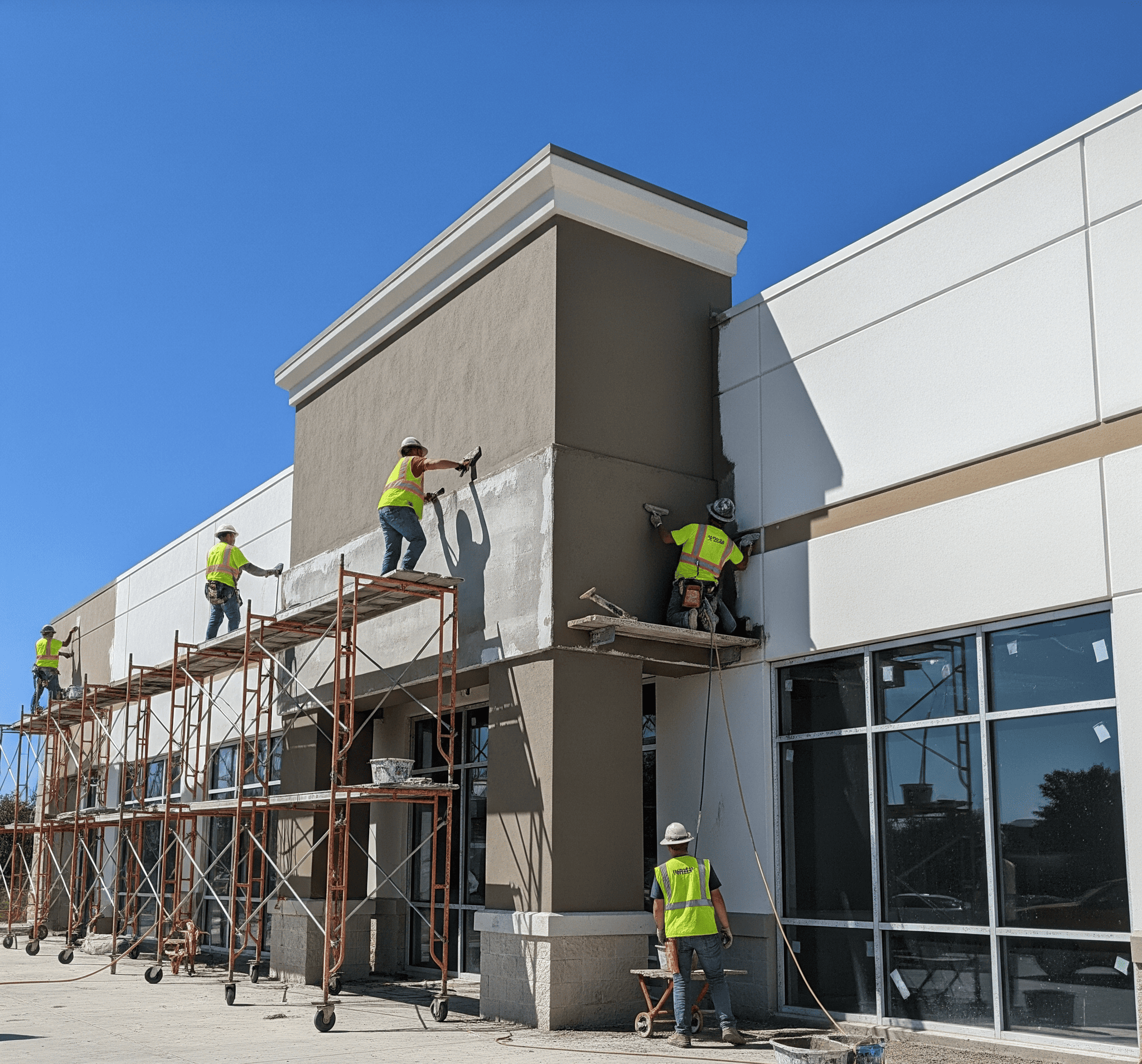 A commercial building showcases freshly applied stucco, emphasizing the professional and durable finish.
