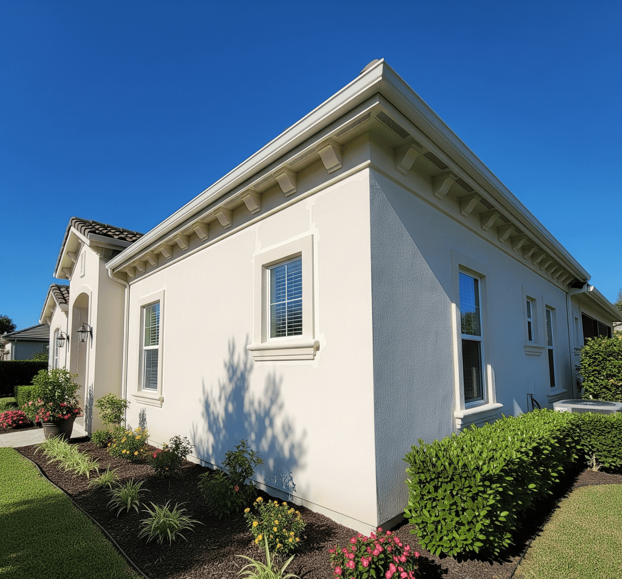 A white house surrounded by a large lawn and neatly trimmed shrubs.