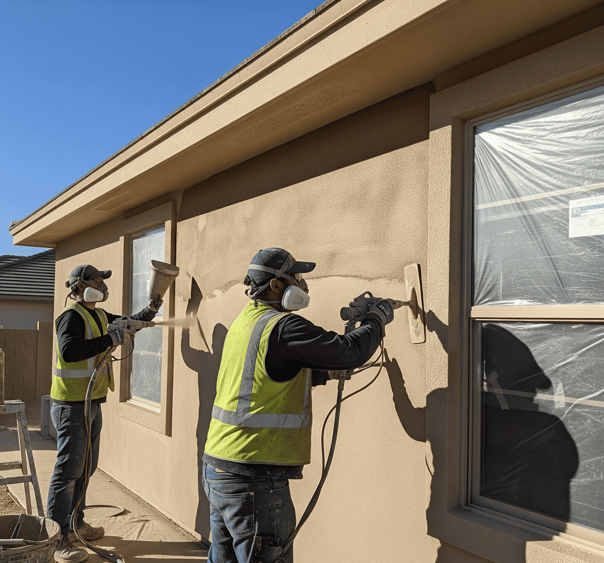 Two men wearing safety vests are painting the exterior of a house.