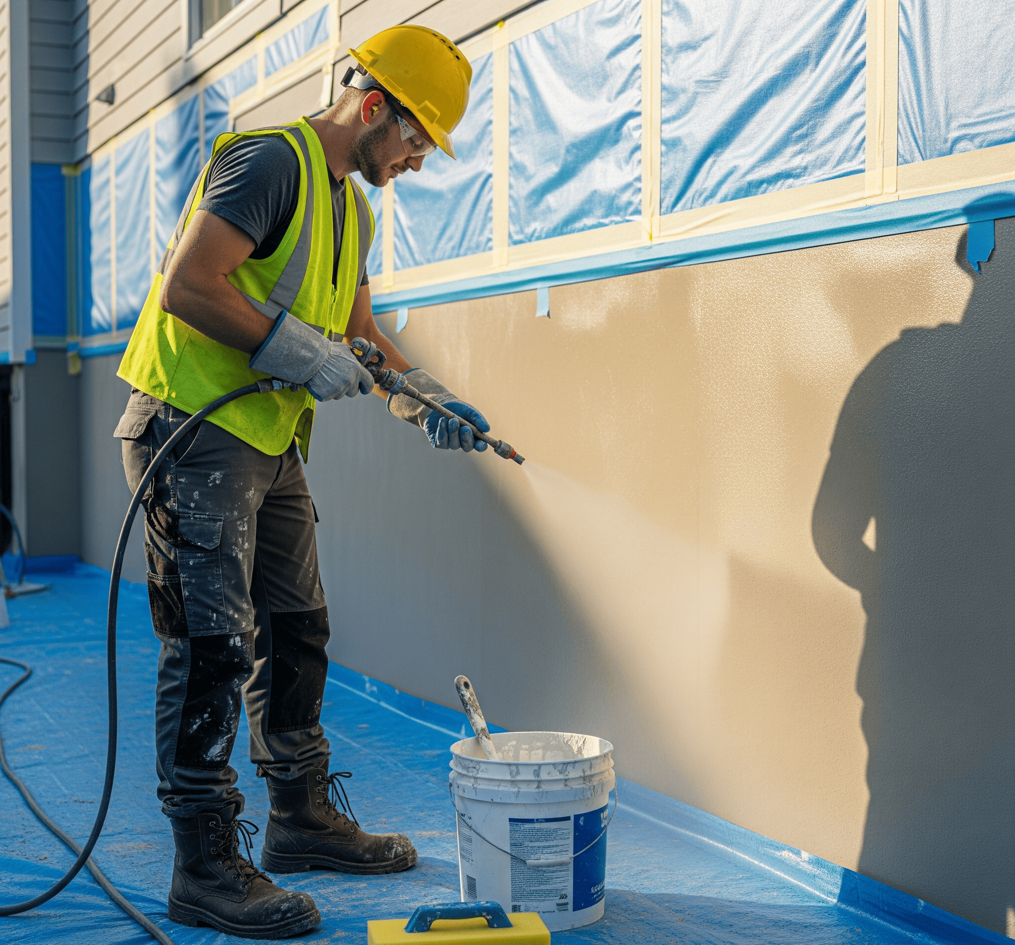 A worker in full PPE mists a foundation wall with a hose sprayer before applying the final parging coat.