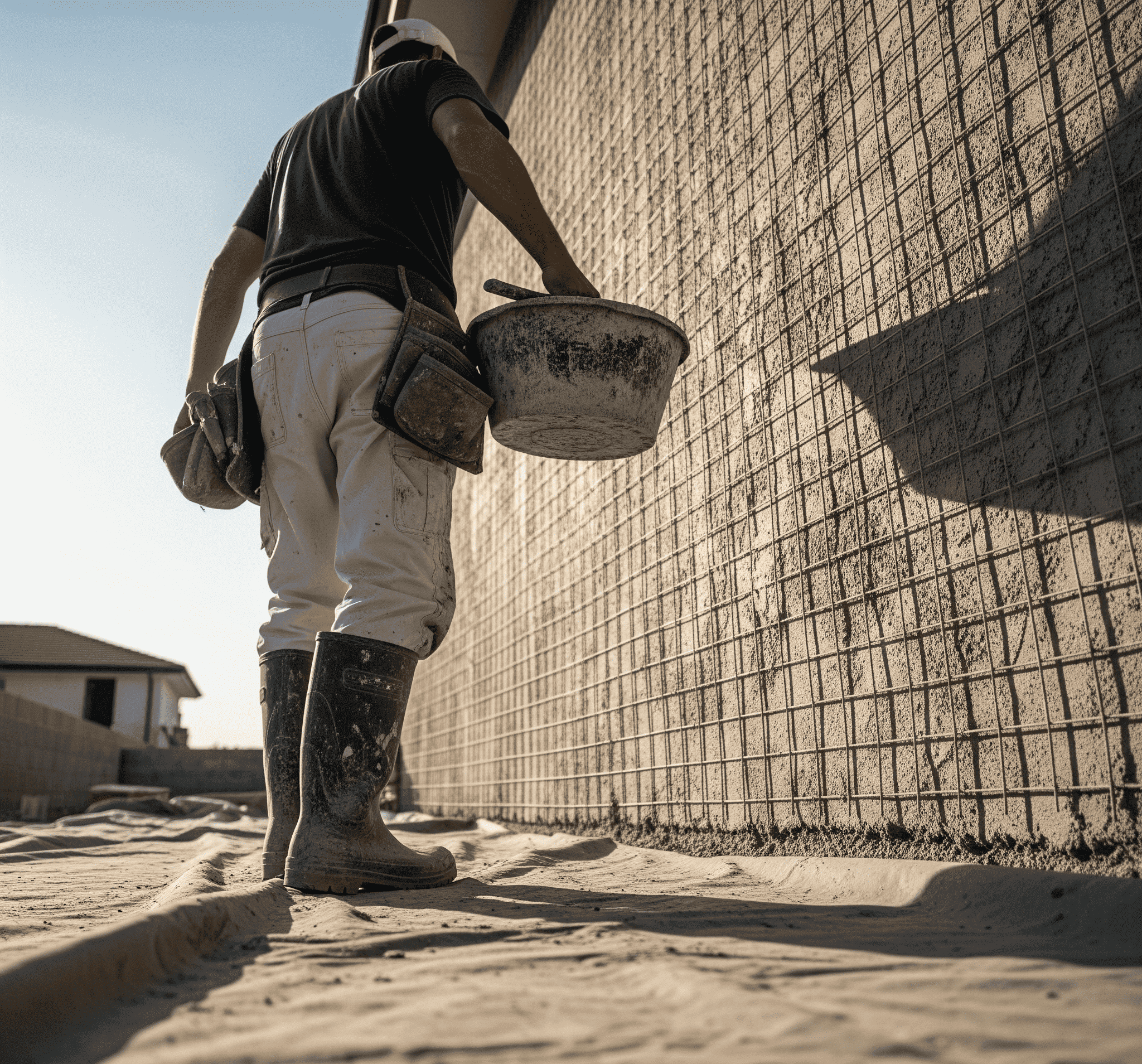 A man walks on a sidewalk carrying a bucket.