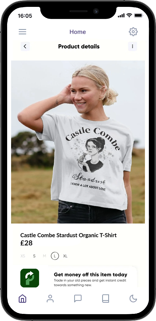 A mobile phone preview of an e-commerce page featuring a woman wearing a white Castle Combe Stardust Organic T-Shirt 