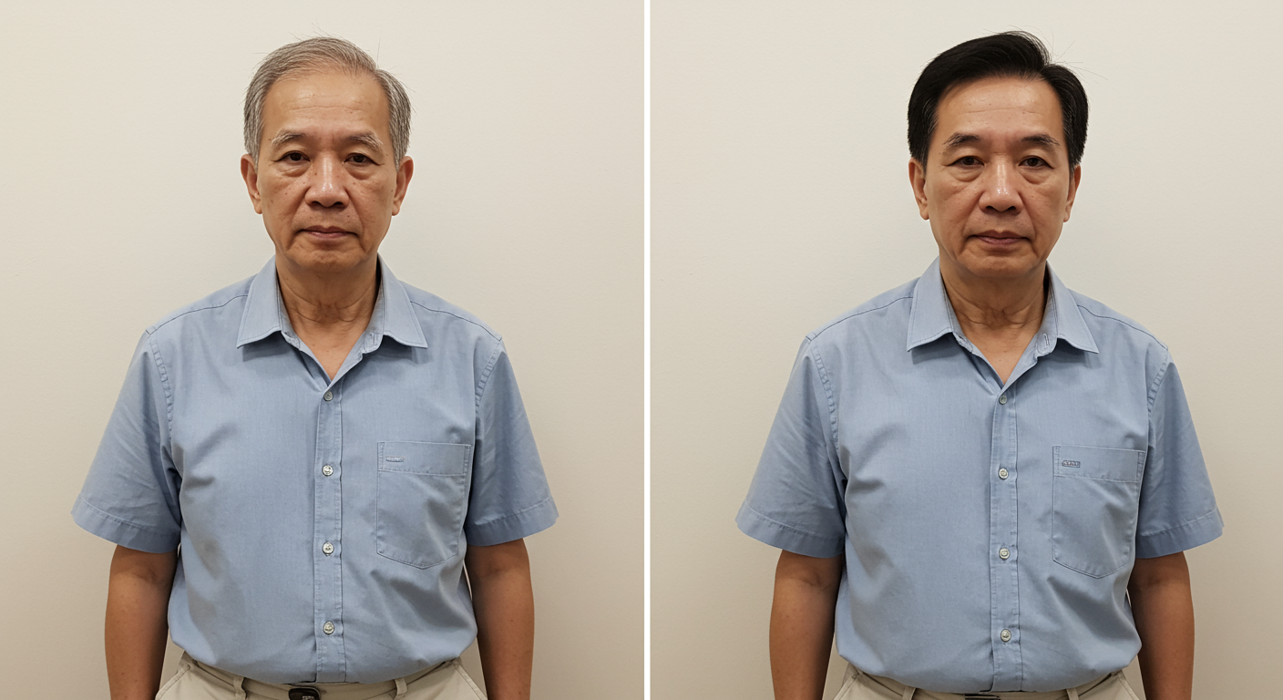 马来西亚中年男子佩戴密发帽前头发稀疏，佩戴密发帽后头发茂密