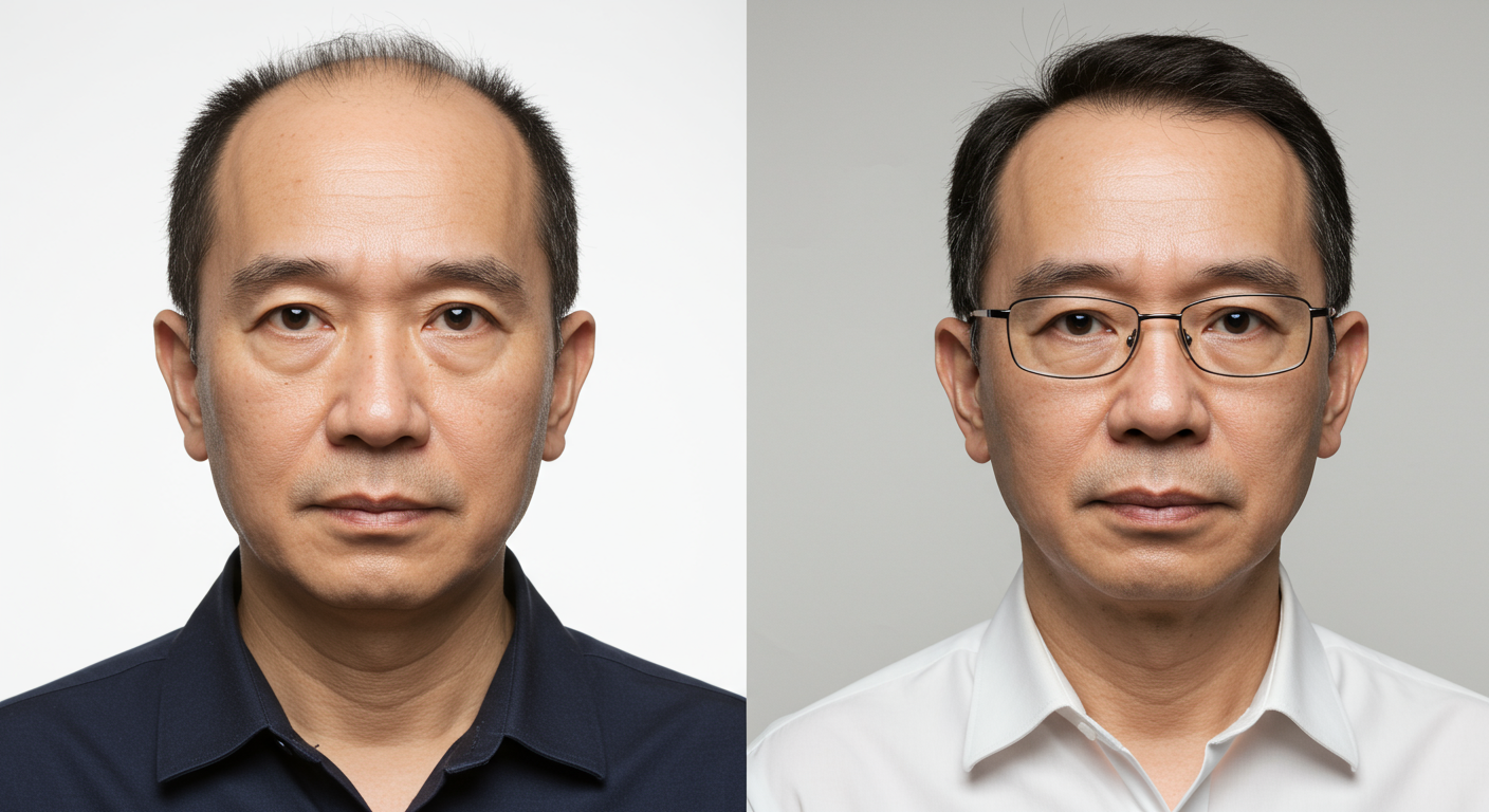 马来西亚中年男子佩戴密发帽前头发稀疏，佩戴密发帽后头发茂密