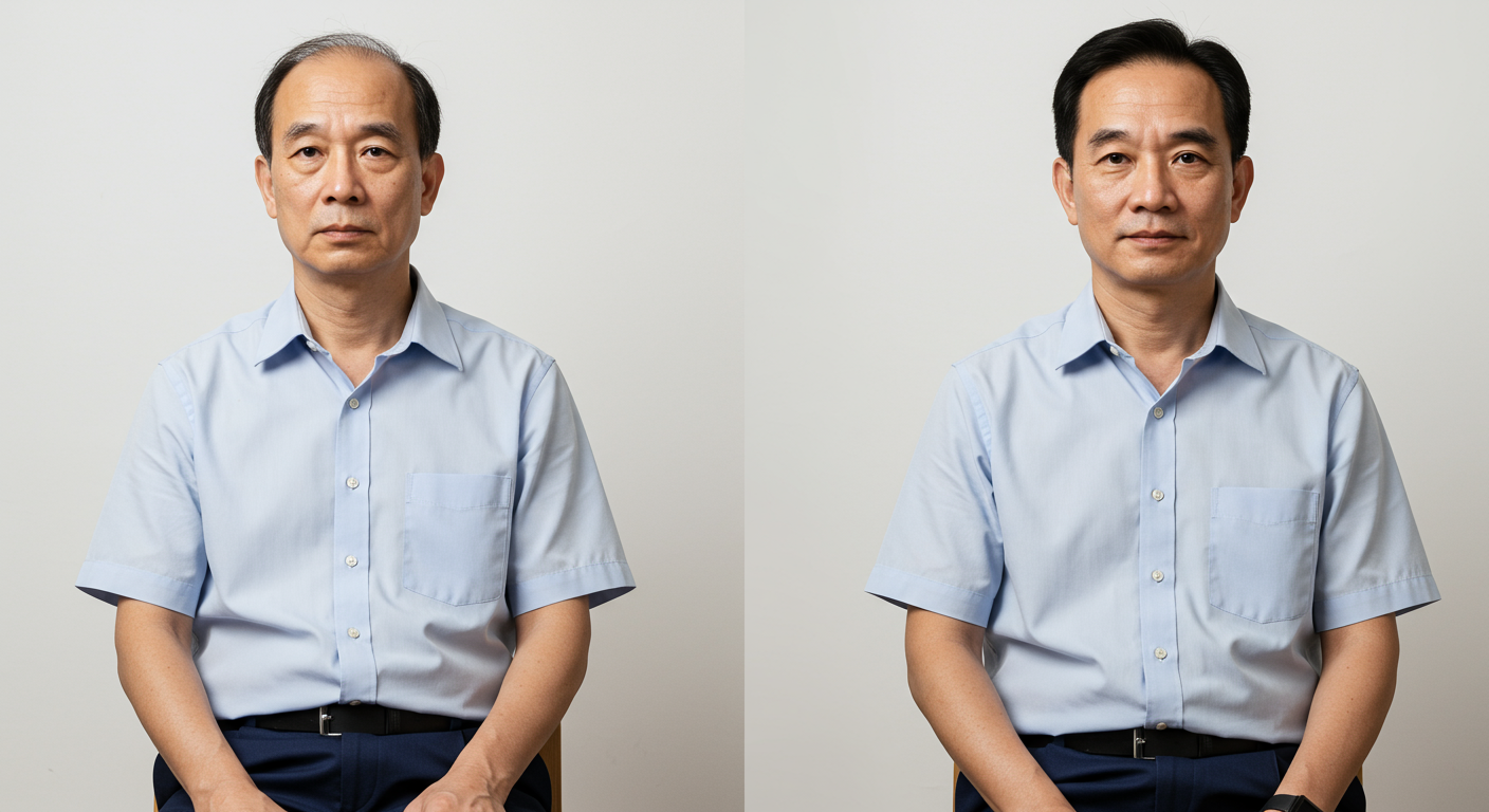 马来西亚中年男子佩戴密发帽前头发稀疏，佩戴密发帽后头发茂密