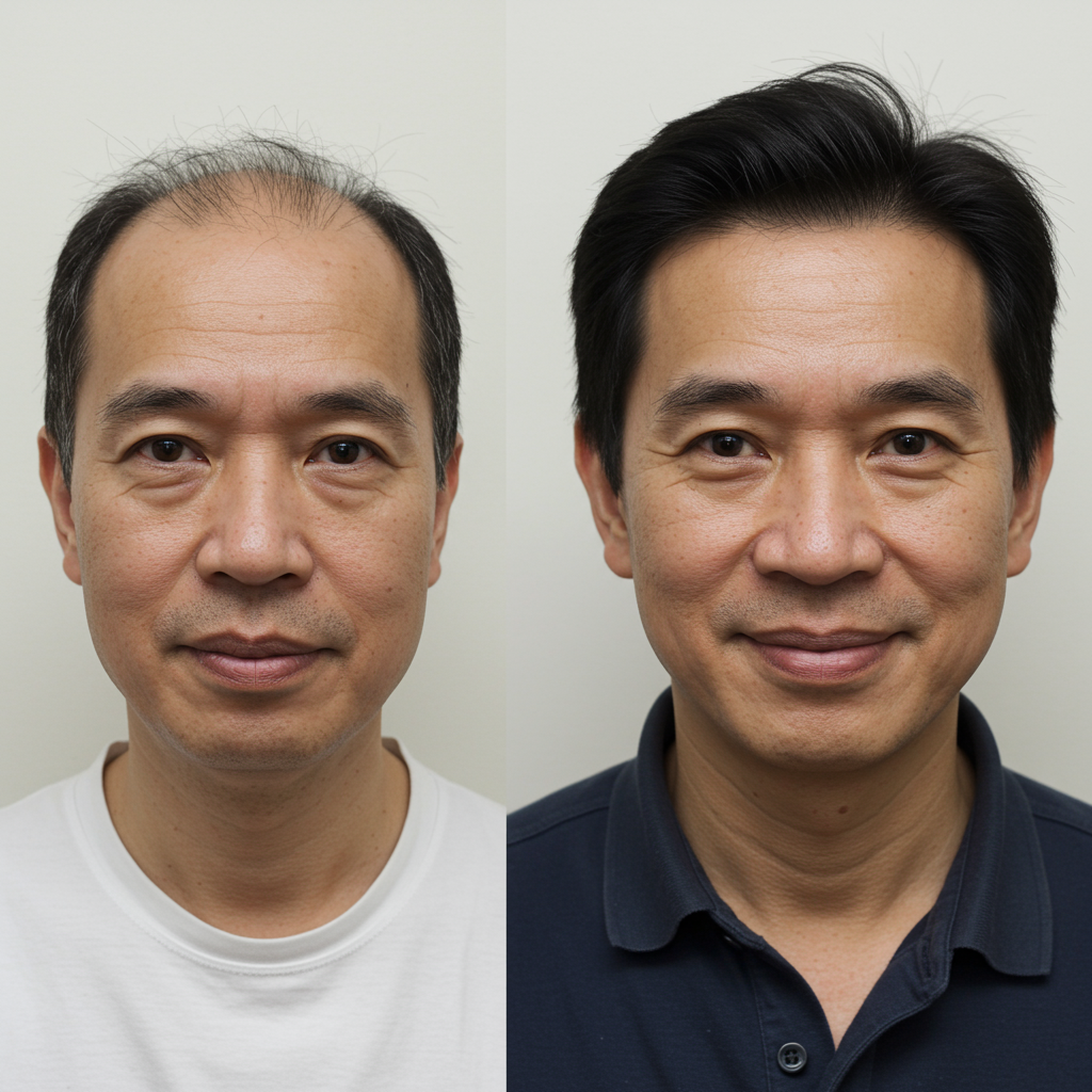 马来西亚头发稀疏男子佩戴后头发茂密