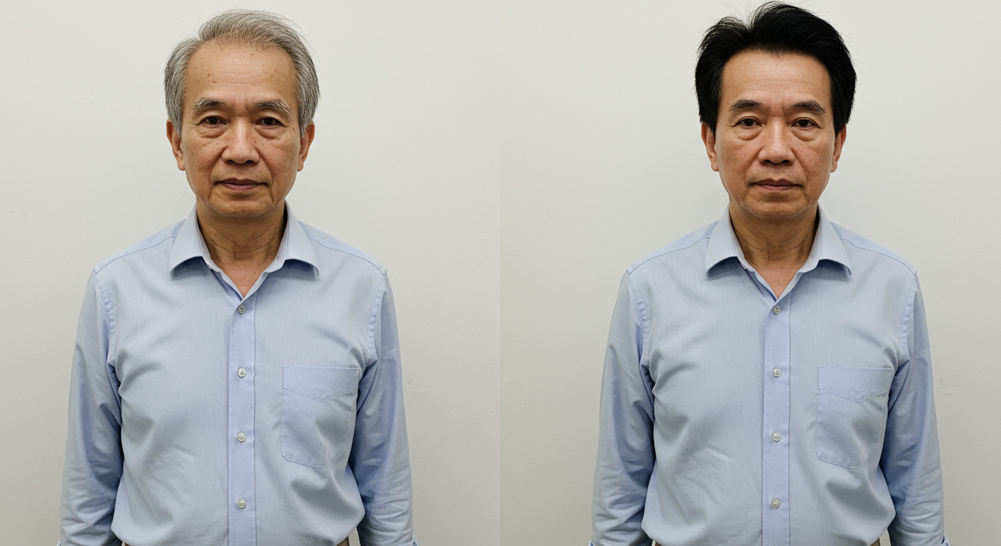 马来西亚中年男子佩戴密发帽前头发稀疏，佩戴密发帽后头发茂密