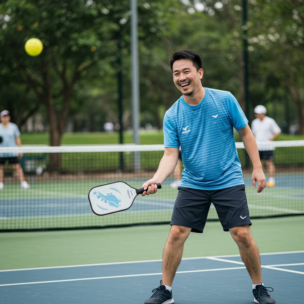 马来西亚男子佩戴着密发帽玩pickle ball也不怕掉