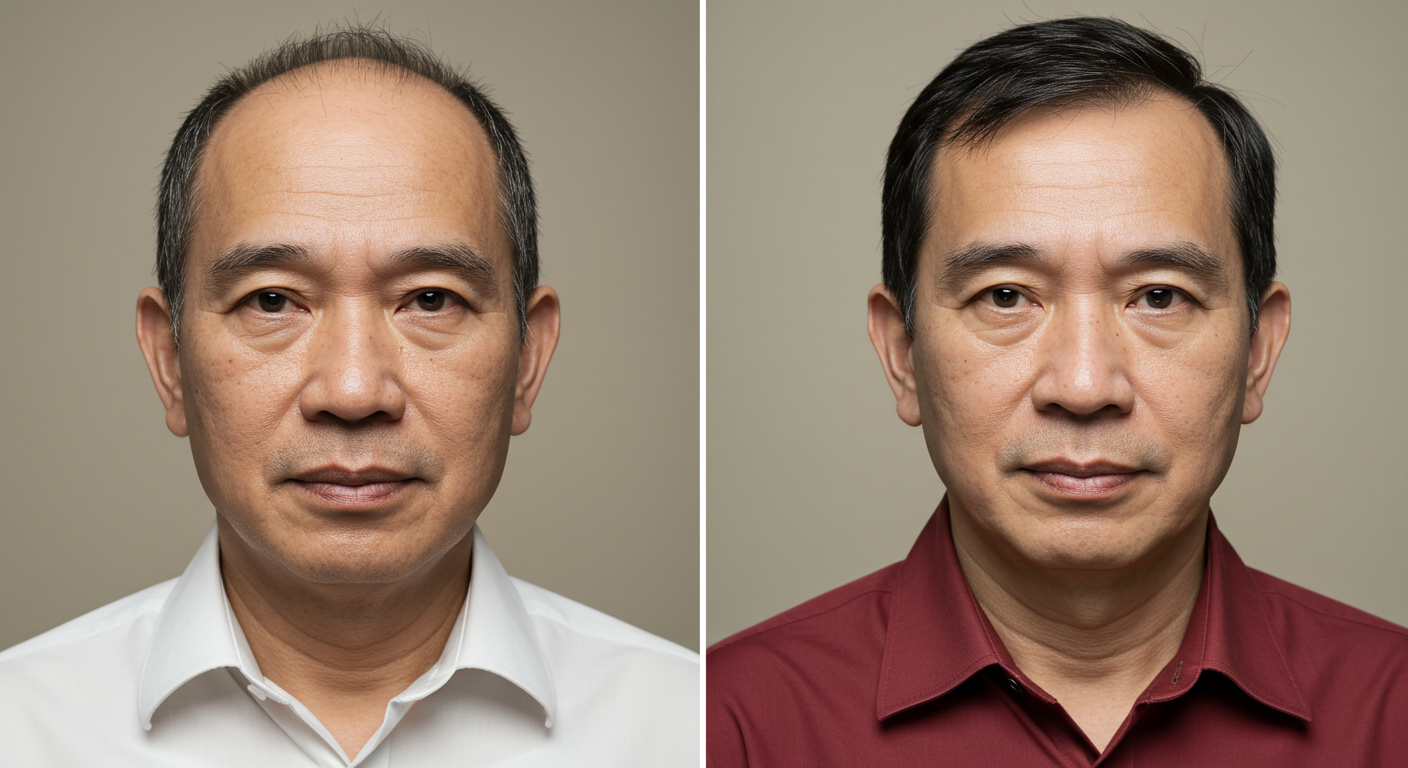 马来西亚中年男子佩戴密发帽前头发稀疏，佩戴密发帽后头发茂密