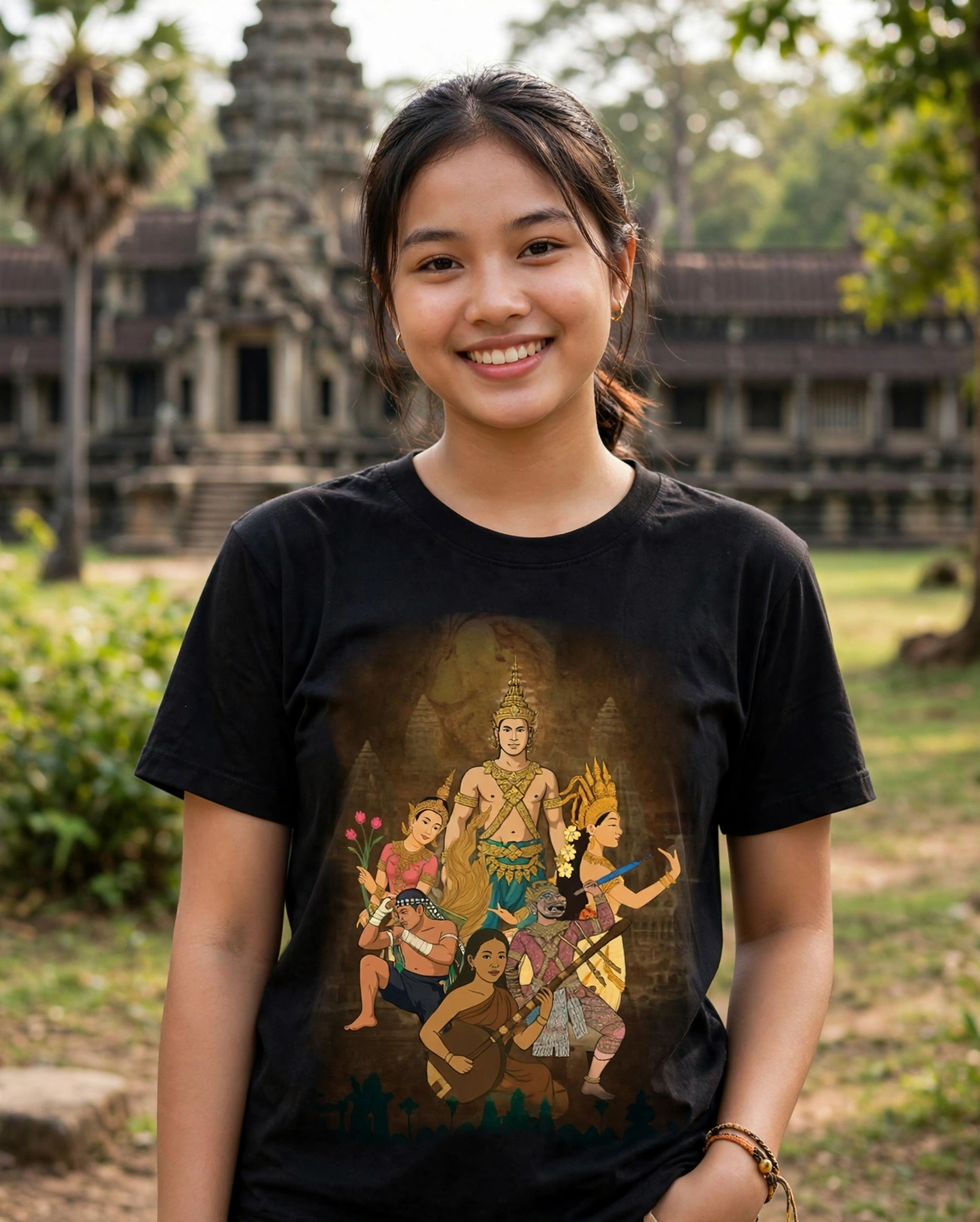 Model wearing plain gray basic tee.